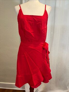 Relipop Red Spaghetti-Strap Wrap Dress with Ruffle Hem. Size L. NWT